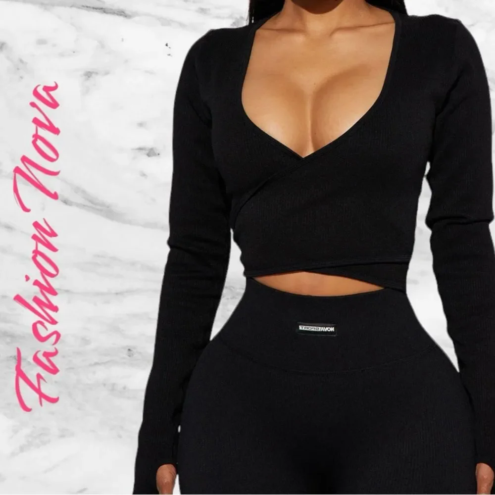 Fashion Nova NovaSport Namaste Seamless Wrap Active Top - Black
